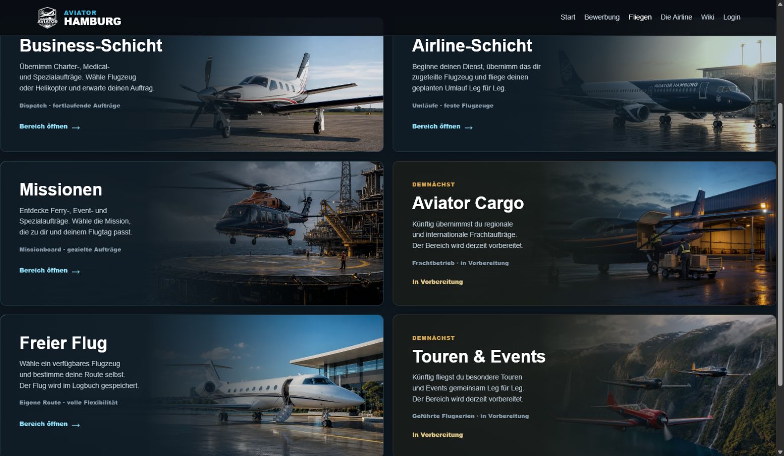 Übersicht der sechs Flugbereiche von Aviator Hamburg