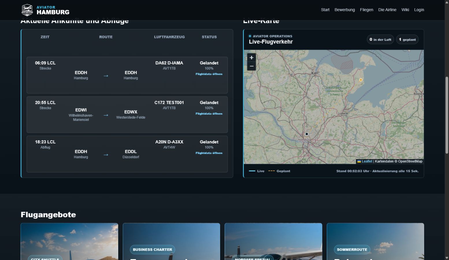 Aktuelle Flüge und Live-Karte auf der Startseite von Aviator Hamburg